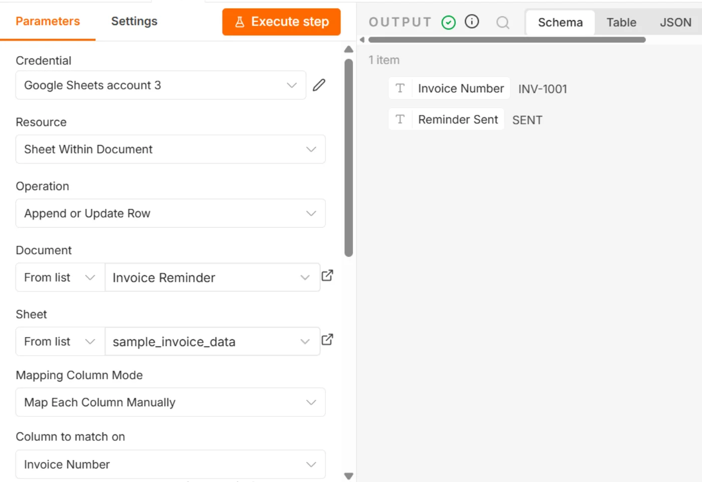 Append or update row in sheet node configuration in n8n, set to Append or Update Row with Map Each Column Manually and Invoice Number selected as the Column to match on