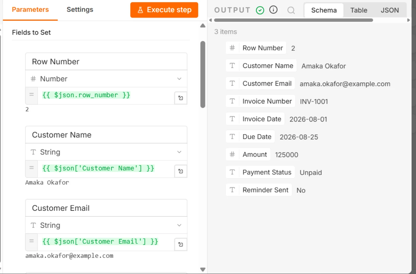 Edit Fields (Set) node configuration mapping Row Number, Customer Name, Customer Email, Invoice Number, Invoice Date, and Due Date from the incoming Google Sheets row