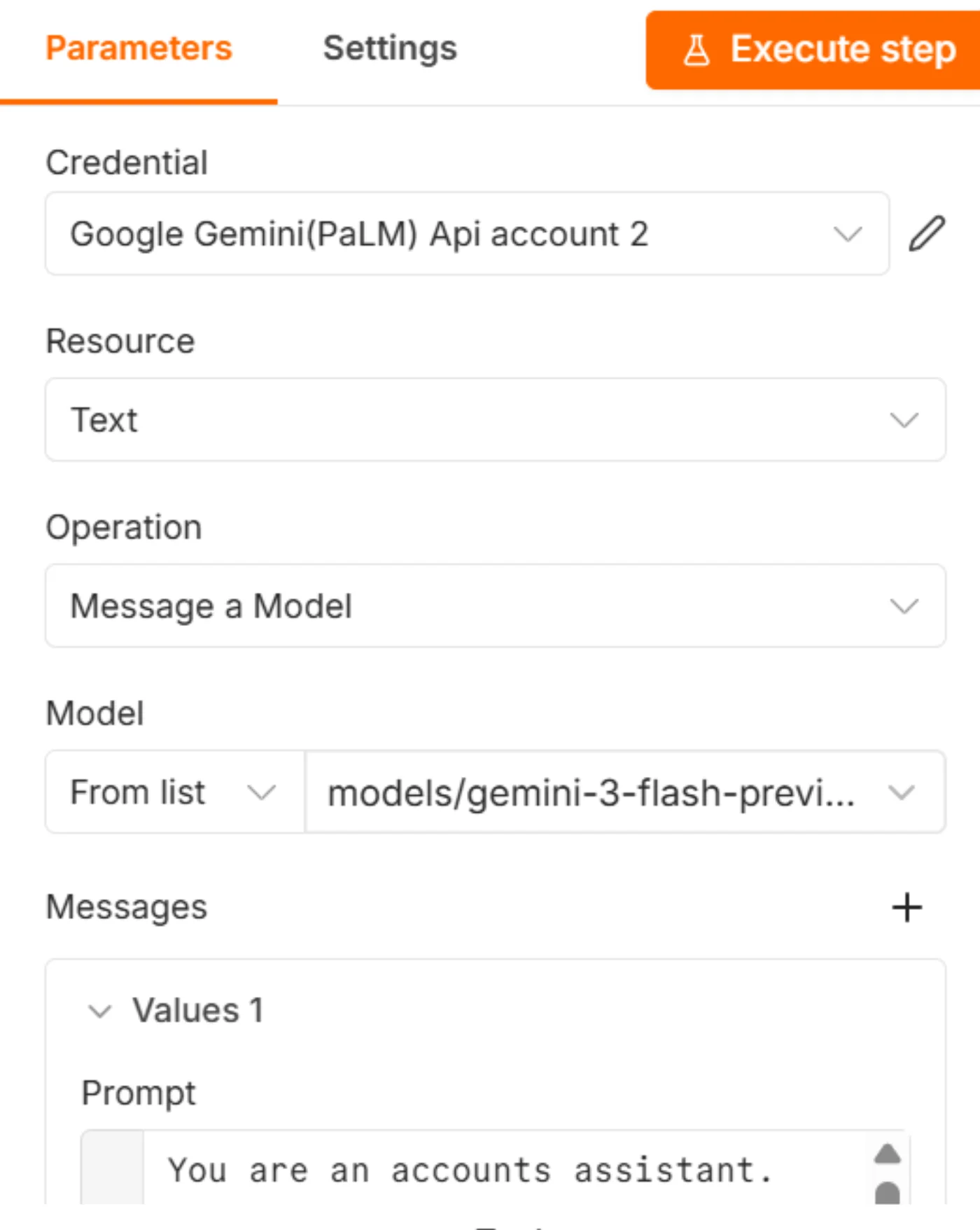 Google Gemini node configuration in n8n, set to Message a Model with the models/gemini-3-flash-preview model and the accounts-assistant prompt starting to type in the Prompt field