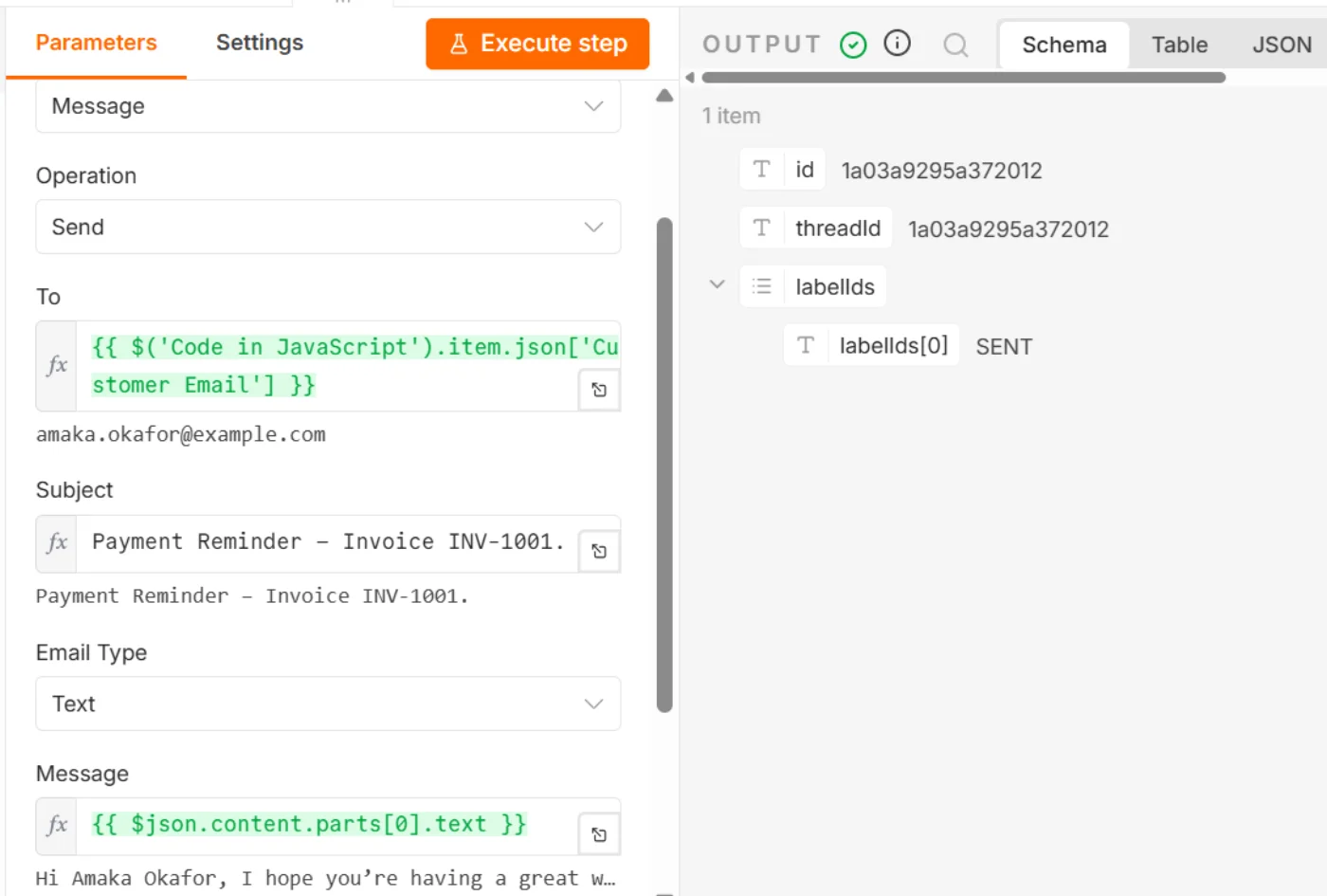 Gmail node configuration in n8n with the To field mapped from the Code in JavaScript node's Customer Email and a Payment Reminder subject line, next to the AI-generated message body