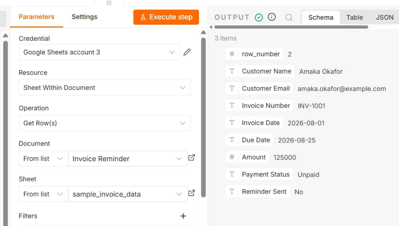 Google Sheets "Get row(s)" node configuration in n8n, showing the credential, Get Row(s) operation, and the output columns Row Number, Customer Name, Customer Email, Invoice Number, Invoice Date, Due Date, Amount, Payment Status, and Reminder Sent
