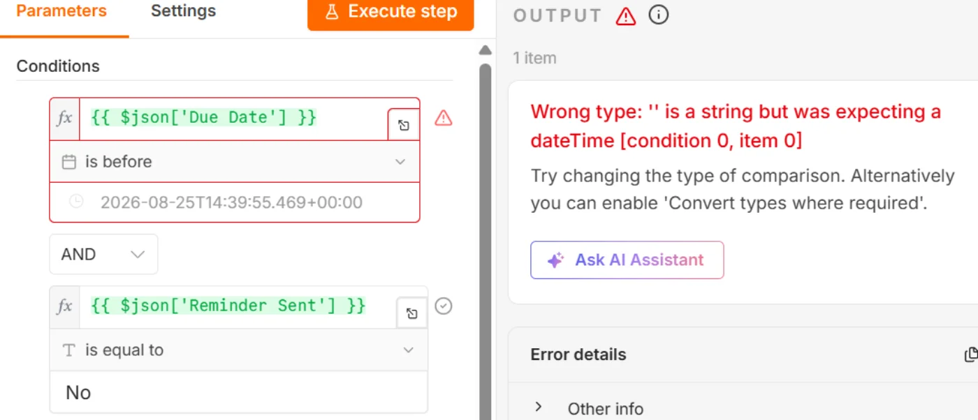 n8n IF node error panel reading "Wrong type: '' is a string but was expecting a dateTime [condition 0, item 0]" with a Due Date "is before" comparison against the current time