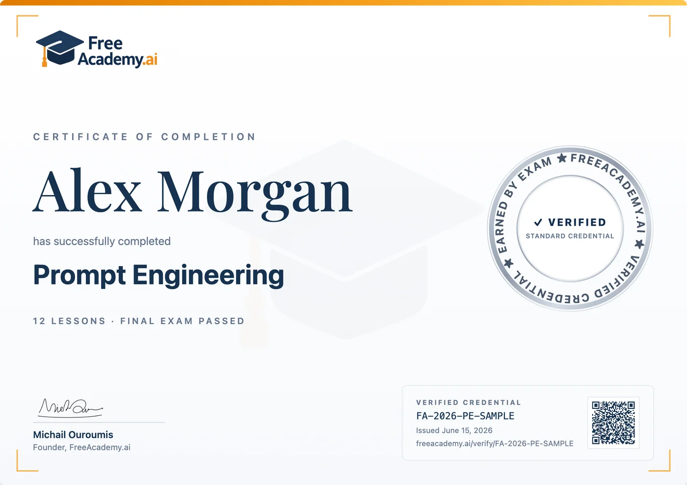 A sample FreeAcademy.ai certificate of completion for the Prompt Engineering course, with a verification QR code