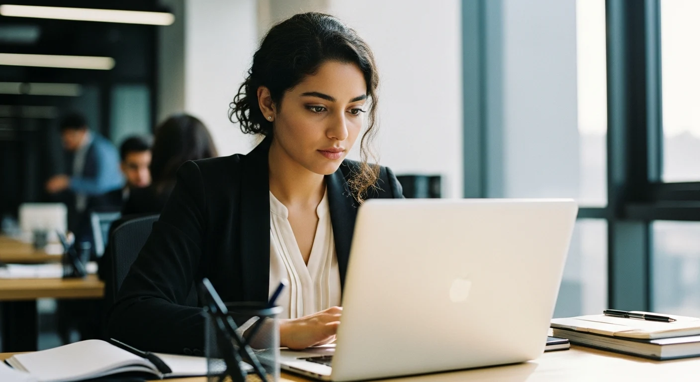 A professional working on a laptop in an office